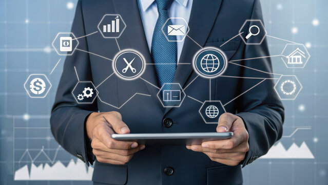 A businessman using a tablet with digital icons representing various business functions and global connectivity.