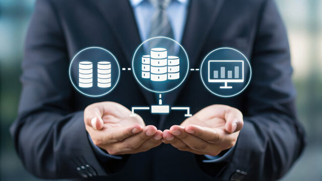Businessman holding virtual icons representing data storage, database management, and data analytics in a digital, tech-driven environment.