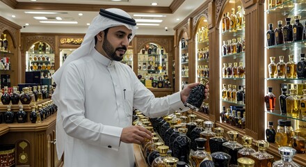 Arabian Man Selects Exquisite Perfume in Luxurious Boutique
