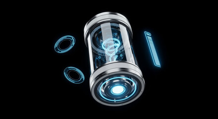 Futuristic cylinder containing glowing dna double helix with hud elements on black background