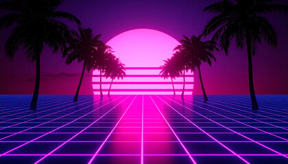 Retro synthwave scene; pink & purple sunset over gridded landscape with silhouetted palm trees reflecting in water