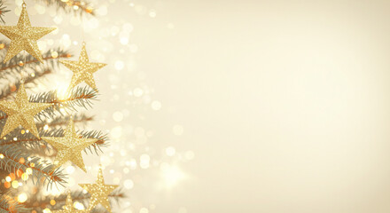 Festive scene featuring christmas tree and glittering gold stars holiday decoration