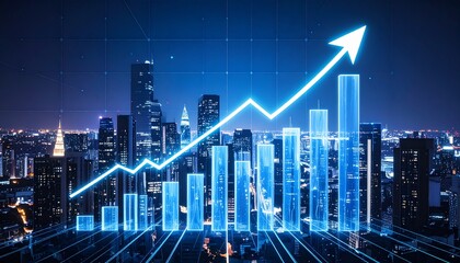 Naklejka premium Glowing Line Graph over Futuristic Cityscape