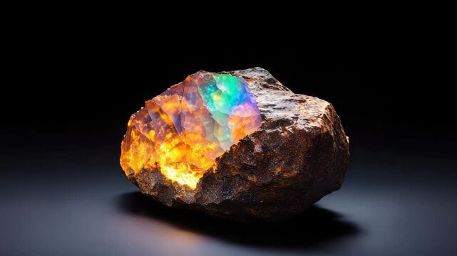 Opal gemstone glowing with vibrant orange and green colors inside rough dark rock, iridescent and colorful mineral showcasing fiery brilliance and natural beauty in glowing rock