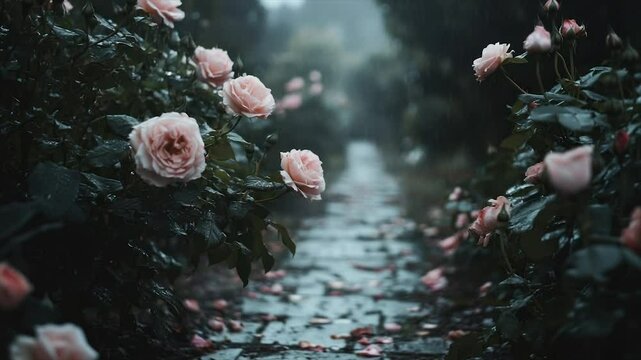 A path through a misty rose garden after the rain.  Soft pink roses line a stone walkway