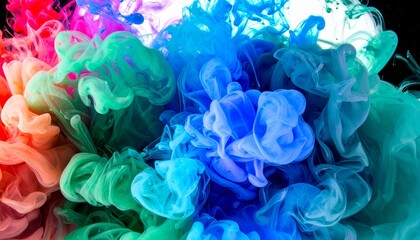 Fototapeta premium Thick colored smoke plumes swirl through oil, suspended in rich underwater glow and fluid bloom.