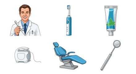 Fototapeta premium Illustration showcasing a dentist with dental tools, chair, floss, toothpaste, and toothbrush items present