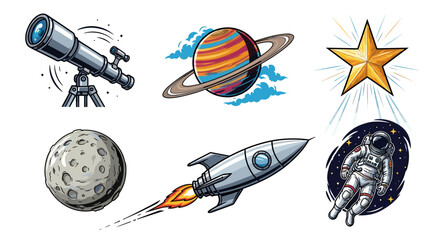 Illustration of telescope saturn star moon rocket and astronaut on a white background space theme image