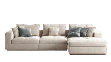 Fototapeta premium Off-white sectional sofa with tufted cushions, a chaise lounge, and teal accent pillows against a black background