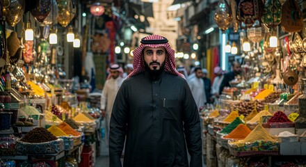 Arabian Man in Vibrant Spice Market, a Portrait of Culture and Commerce