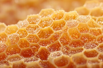 Honeycomb texture close-up.  Golden honey glistening in the honeycomb cells.  Sweet treat.