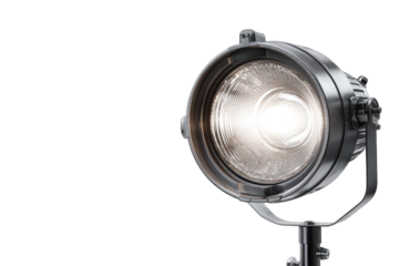 A metallic, circular spotlight with a bright, central bulb, mounted on a stand against a black background.  The lens is visible, showing internal details