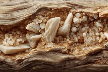 Crystals embedded in a piece of petrified wood. The crystals are various sizes and shapes, some are clustered together while others are scattered