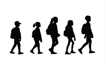School Children Walking with Backpacks Silhouette - Kids Education Vector