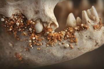Close-up view of aged jawbone with orange growth around teeth.