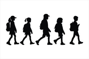 School Children Walking with Backpacks Silhouette - Kids Education Vector