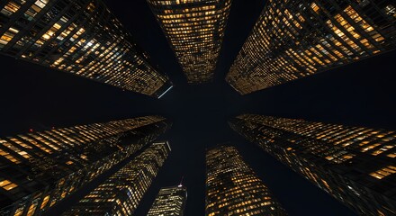 Worm's eye view of city buildings at night with illuminated windows against a dark sky background