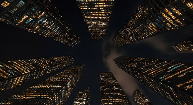 Worm's eye view of illuminated skyscrapers against a dark night sky with clouds in the center - Powered by Adobe