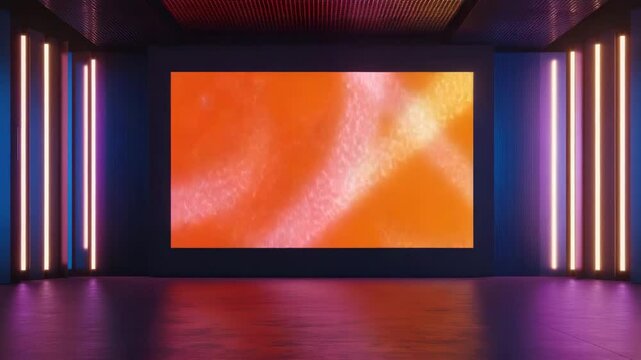 Futuristic empty room with neon glowing digital screen displaying abstract orange and yellow patterns creating vibrant modern atmosphere and colorful vertical neon lights enhancing vibrant digital