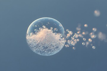 A captivating image of a soap bubble, showcasing a delicate frozen landscape, and tiny bubbles drifting through the atmosphere