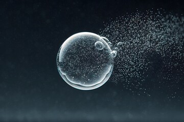 A scientific representation of a cell with particle emissions, against a dark backdrop. The image showcases intricate details and scientific processes.