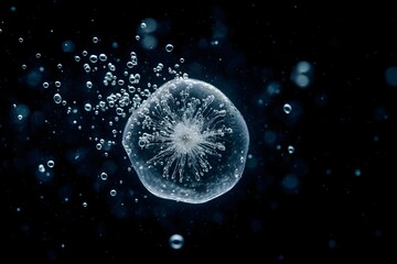 Captivating close-up shot of an ice bubble in mid-air, with a dark background and bubbles surrounding it. The ice bubble sparkles and its intricate details are highlighted.