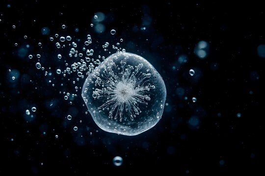 Captivating close-up shot of an ice bubble in mid-air, with a dark background and bubbles surrounding it. The ice bubble sparkles and its intricate details are highlighted.