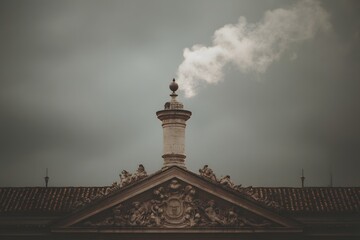 Smokestack billowing smoke against a cloudy sky, showing an industrial atmosphere