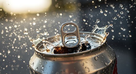 Close up of a soda can with water droplets splashing around the opening and the pull tab area of the can