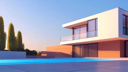 Modern house featuring swimming pool and glass balcony at sunset with clear sky, warm light, outdoor architecture, and peaceful atmosphere surrounded by tall trees and inviting scenery