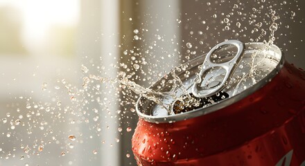 A close up of a red soda can with water droplets splashing out of the opened top in bright light