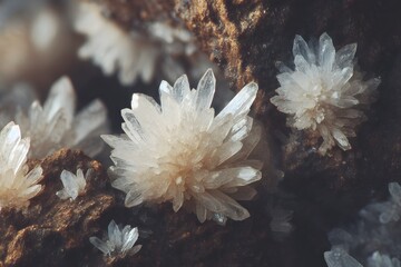 Close-up shot of a cluster of delicate, creamy white crystals sprouting from dark brown rock. The crystals resemble miniature flowers with needle-like formations.