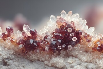 Macro photograph featuring a red quartz crystal formation on a stone surface