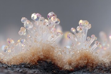 Close-up view of iridescent crystals resembling tiny, delicate trees growing from a brown substrate