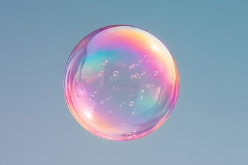 A close-up image of a single, iridescent soap bubble floating against a serene, clear blue background. The bubble shimmers with a spectrum of colors