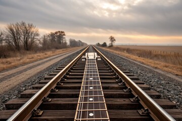 Fototapeta premium Guitar on the Railroad Tracks at Sunset: A Musical Journey
