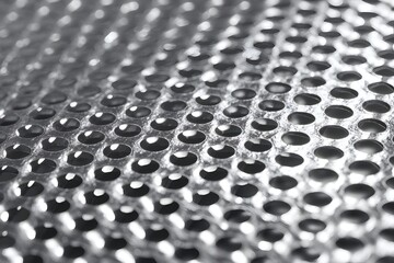 A close-up of a textured metal sheet with an array of circular perforations, demonstrating a pattern of uniform holes
