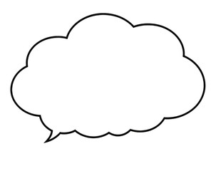 A dark, cloud-shaped speech bubble with a speckled, multicolored border