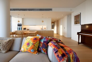 Open-plan living area with modern kitchen and colorful decor.