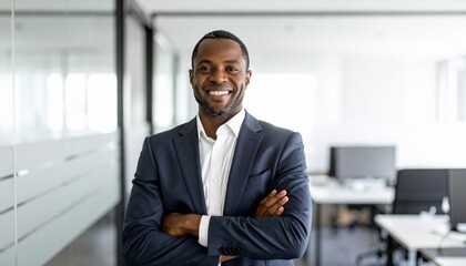Fototapeta premium Black & white tone office blurred background, man in polite posture with hands gathered from right