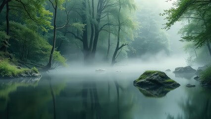 a serene forest scene with a misty river reflecting the lush greenery. The composition uses soft