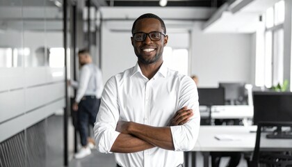 Black & white tone office blurred background, man in polite posture with hands gathered from right