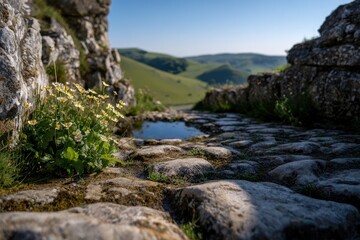 Fototapeta premium Sunlit stone path through ancient ruins, wildflowers blooming near a small puddle, overlooking a verdant valley