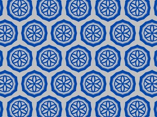 Seamless pattern, blue floral mandala on gray background, elegant design for textile, wallpaper, and packaging