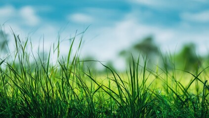 Lush green grass blades in focus against a softly blurred sky and distant trees