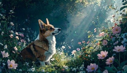 Obraz premium A serene corgi sits amidst a vibrant flower garden basking in the warm glow of the sun's soft light.