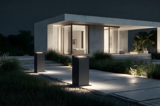 Modern outdoor lighting fixtures illuminate a pathway at night.