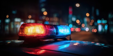 Flashing emergency lights atop a vehicle at night, city blurred background