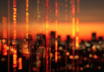 Cityscape sunset with overlaid digital code