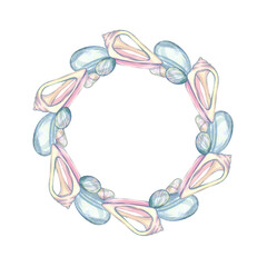 Watercolor round frame made of various seashells, conch, starfish, pearl, oceanic decor. Hand drawn illustration isolated. Template with a marine theme. Empty space for insertion. Copy space in center